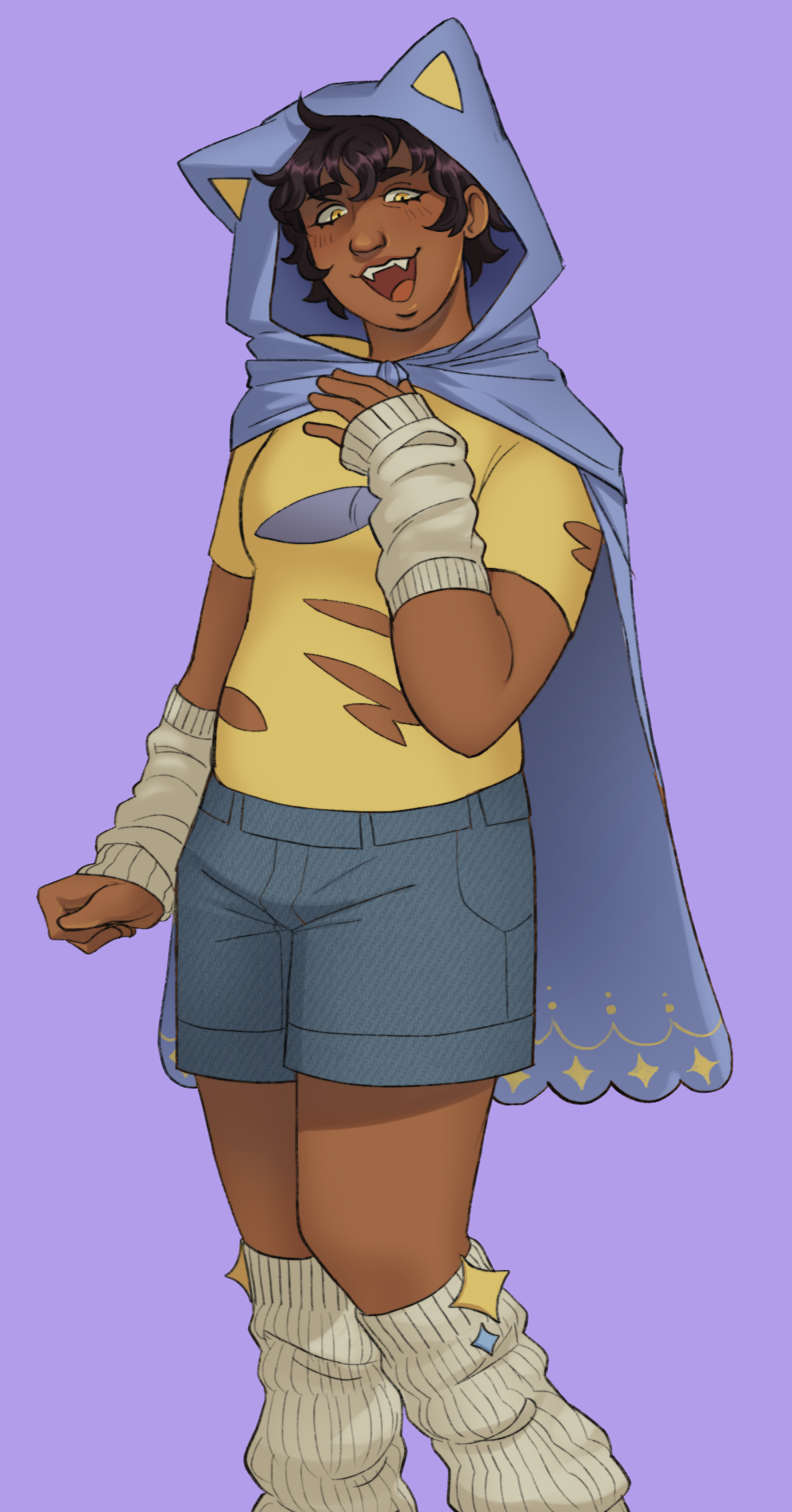 An illustration of a chubby, androgynous character with brown skin, dark shaggy hair, and yellow cat-like eyes. She is wearing a light blue cape with a hood, which has cat ears on top. The cat ears have one little, yellow triangle on each. And her cape falls down her back to the back of her calves. It is decorated on its edge with a simple, starry design. She is wearing white arm and leg warmers and a ripped, yellow shirt. She is holding one hand up near her chest and looking down while laughing.