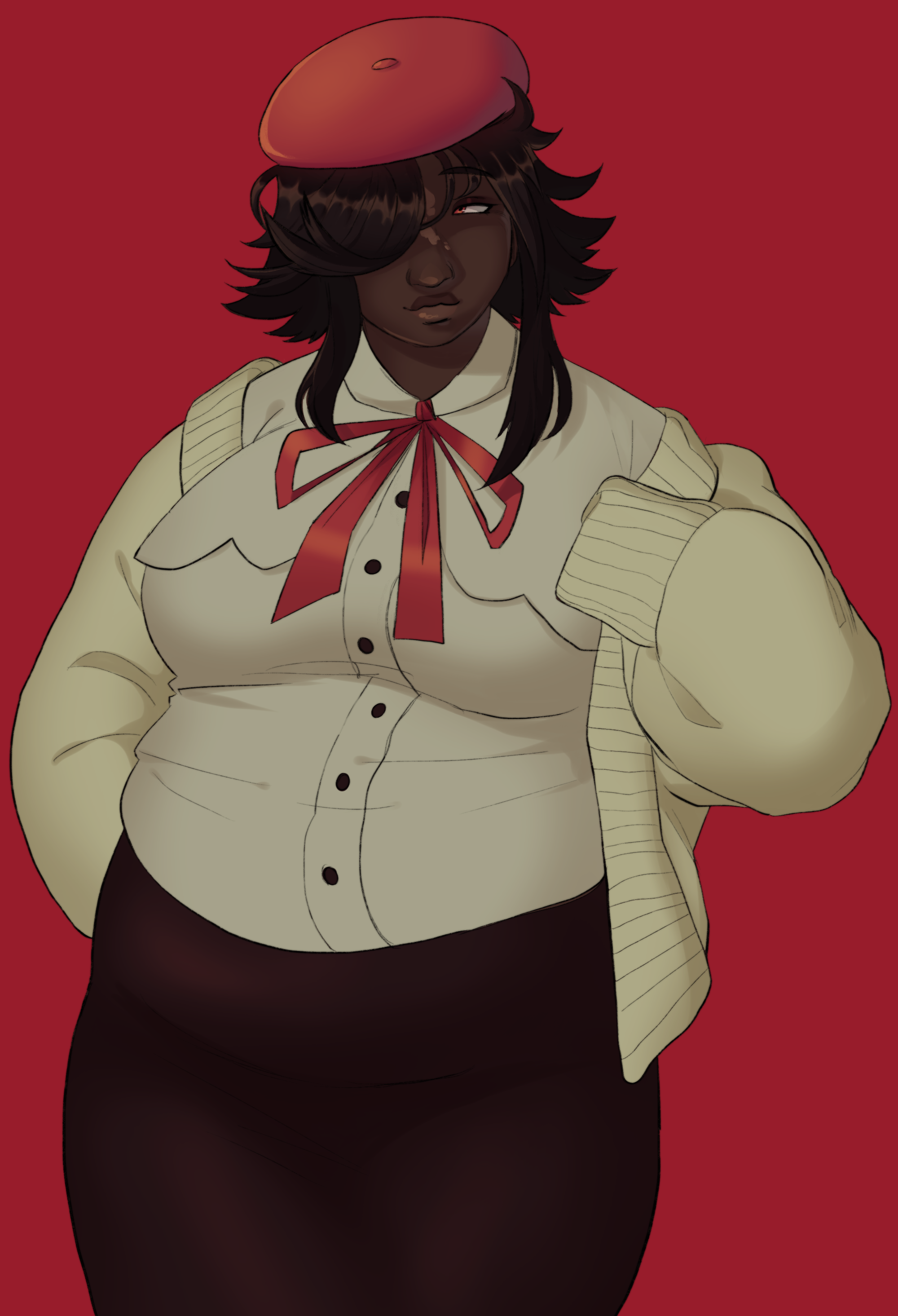 An illustration of a femme presenting plus size character with dark skin, very dark brown hair that covers the left side of her face, and red eyes. She is peeking out from underneath her bangs and smiling elegantly. She is wearing a white button down shirt with an off white sweater over it. She has a loose, red bow tied around her collar and a fitting, burgundy skirt. Her hair is styled to be shoulder length in the back with two longer parted sections hanging down her shoulders. She has her hands tucked into her sleeves with one hand brought up to her shoulder and the other placed on her hip.