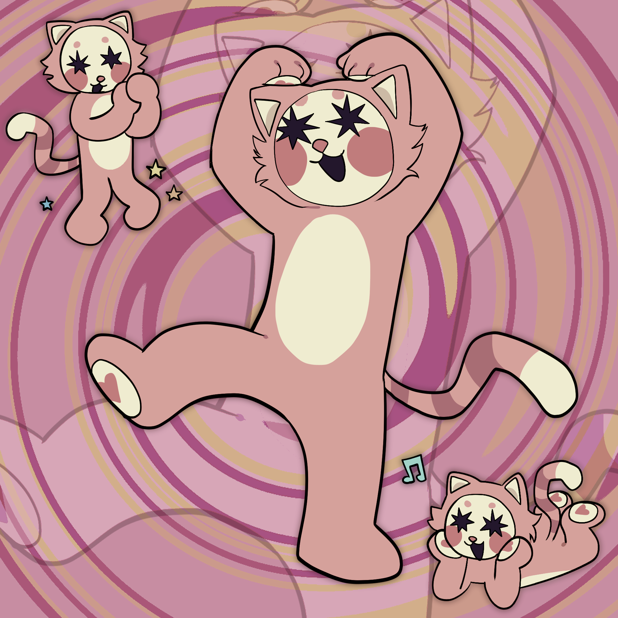 A cartoony illustration of an anthropomorphic, cat-like character with a striped tail and pink hearts on its paw pads. It is wearing a white mask with black stars for eyes and pink circular blush on its cheeks. In the middle, the character is depicted dancing with its hands on its head. In the upper left-hand corner, there is a chibi version of the same character clasping its hands together. In the lower right-hand corner, the character is laying on its belly with its legs kicked up as it rests its head in its palms.