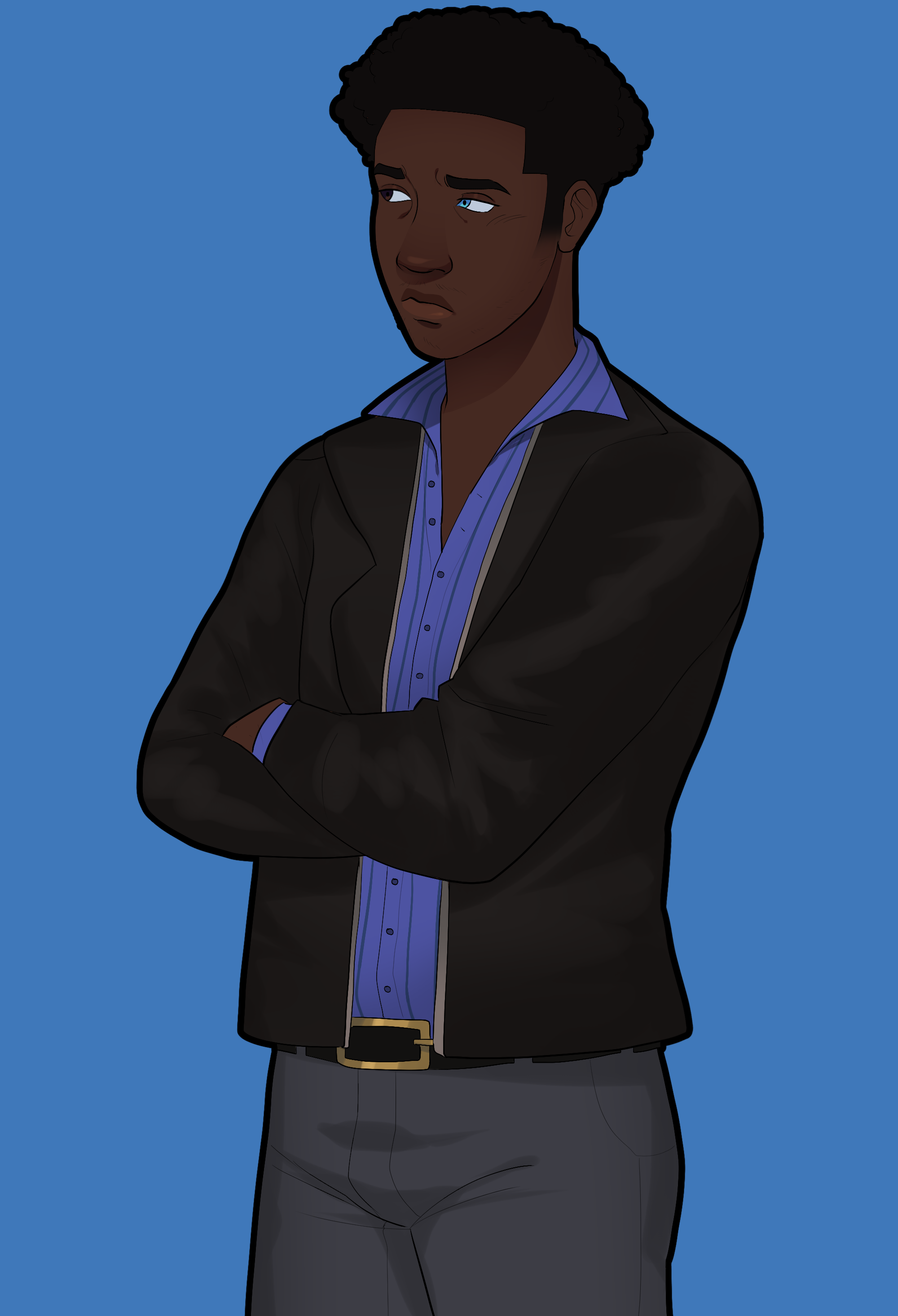 An illustration of a dark skinned, masculine presenting character with heterochromia, making one of his eyes brown and the other a pale blue. He is wearing a striped, blue button down shirt underneath a black leather jacket, along with pale blue jeans. He is crossing his arms and quirking his head to the side critically as he faces to the left.