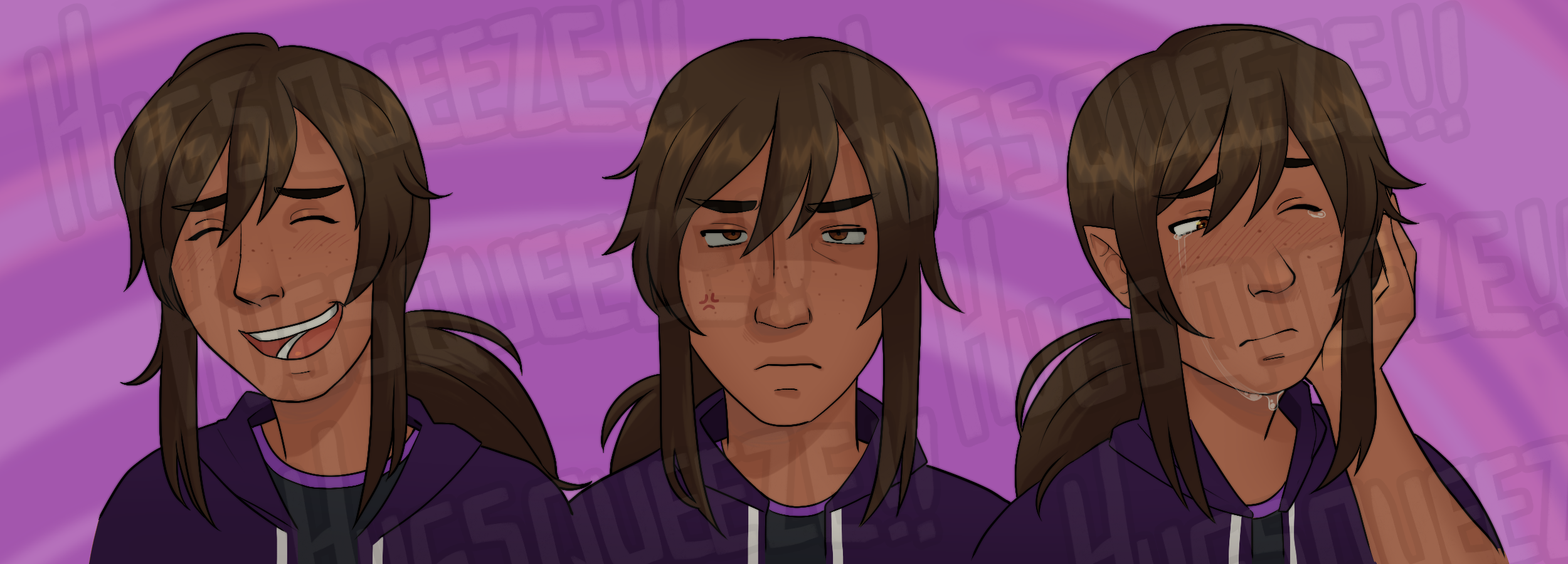 An illustration of three bust shots of a brown skinned character with long hair that has been tyed back into a ponytail. They are wearing a purple jacket over a black tank top. They have amber eyes and freckles spotting across the bridge of their nose and cheeks. In the left-most expression, they are laughing with their eyes closed as they tilt their head slightly to the left. In the middle expression, they are glaring at the viewer with an intense shadow being cast over their eyes. In the right-most expression, they are tearful and crying with one eye closed as they avert their gaze to the right. With their left hand, they wipe at their tears.